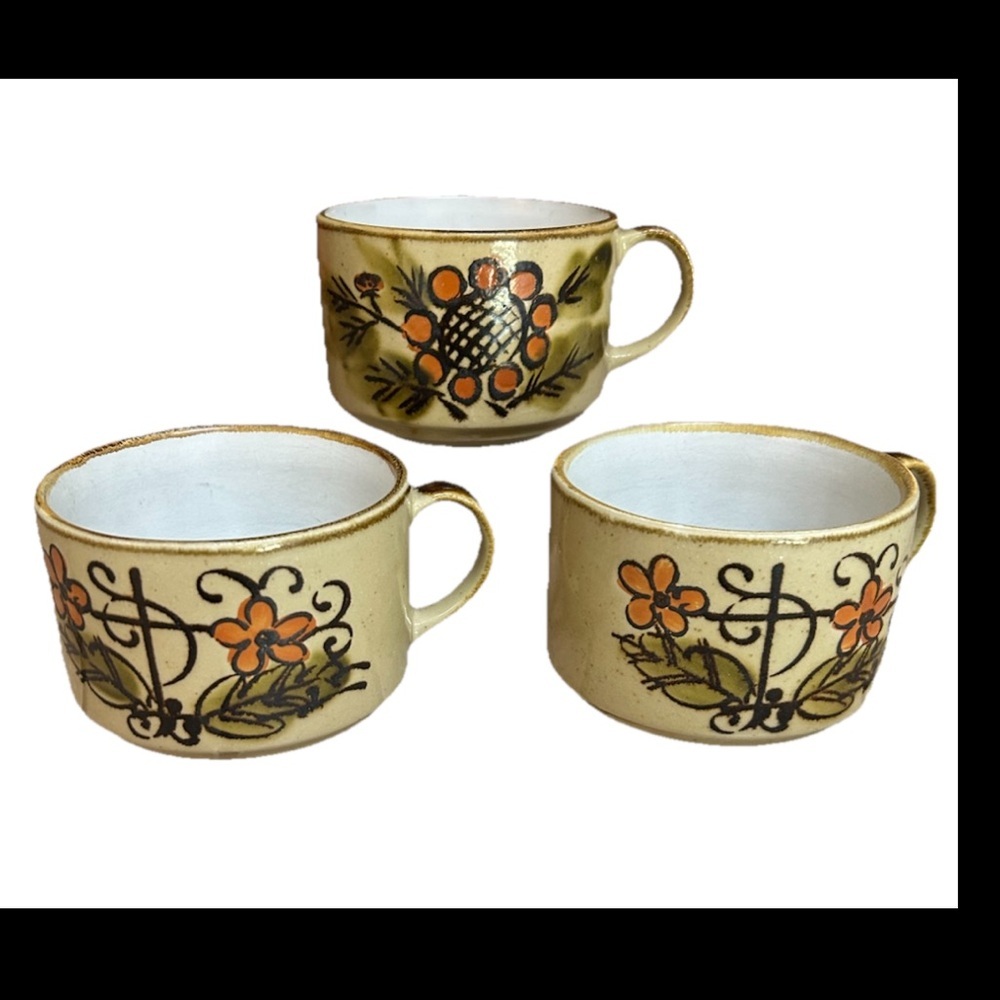 Vtg 70’s Fred Roberts Co. Mug Set Of 3 Stoneware Coffee Tea Hand Painted 10oz
